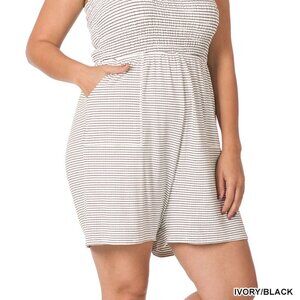 Zenana 2X Plus Smocked Top Cream Striped Romper Shorts with Raw Hem & Pockets